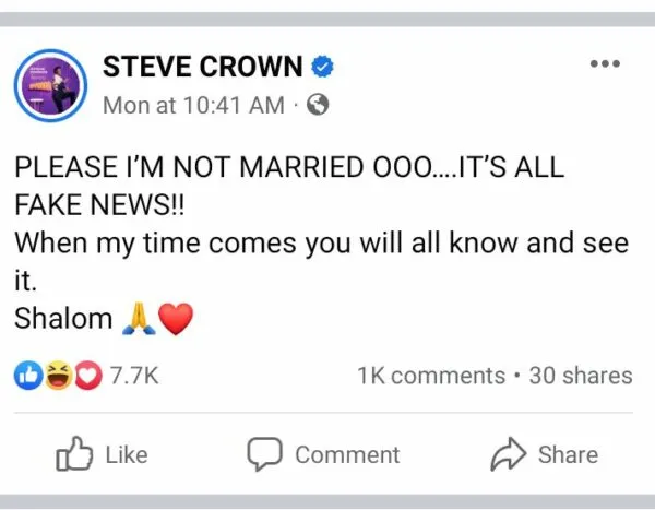 I’m Not Married, It’s Fake News Steve Crown facebook screenshot